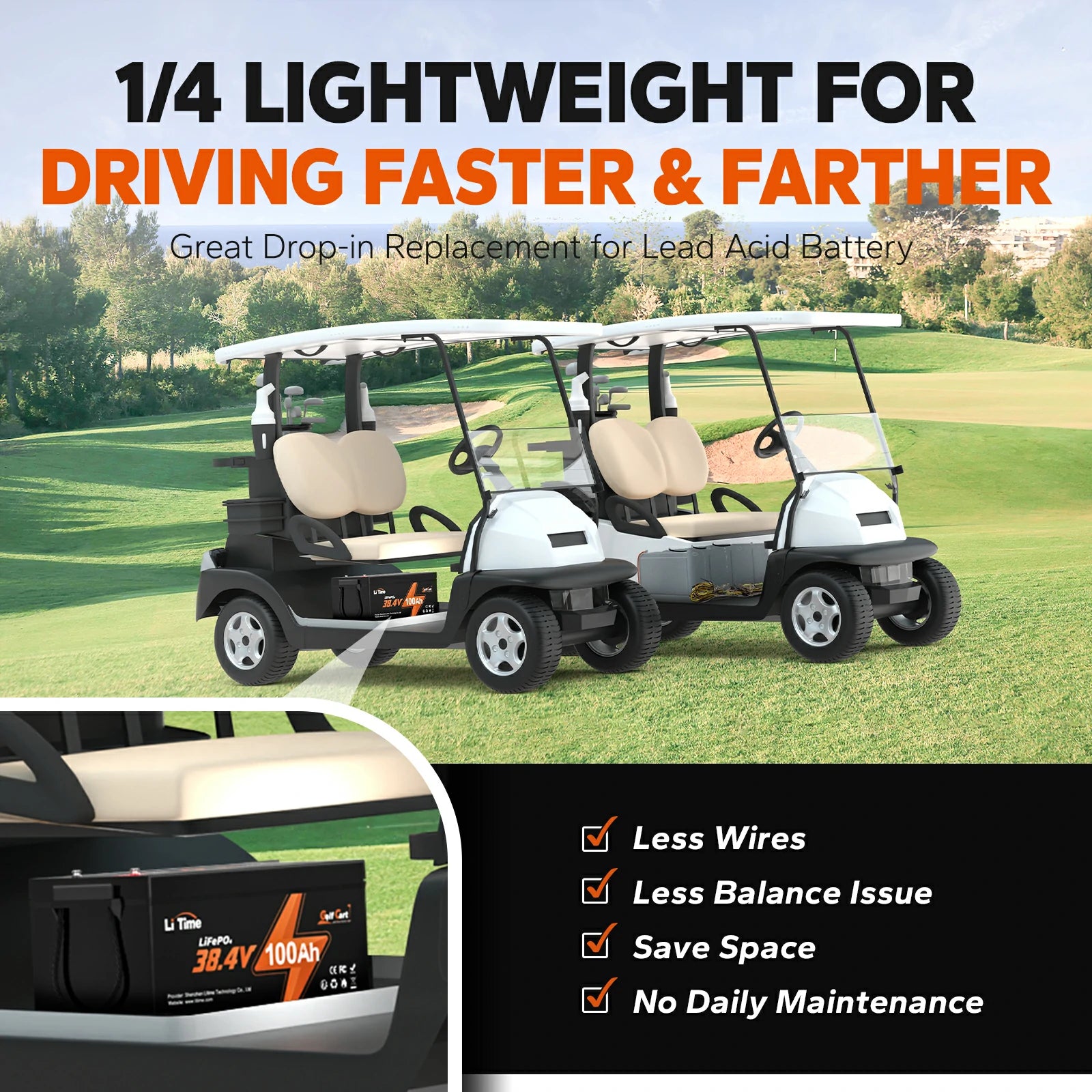 LiTime36V_38.4V_100Ah3.84KWhLiFePO4golfcartlithiumbattery_built-in200ABMS_maximumpower7.68KW_suitablefor4KWmotor_Support2Cdischarge_Perfectforgolfcart_lawnmow4